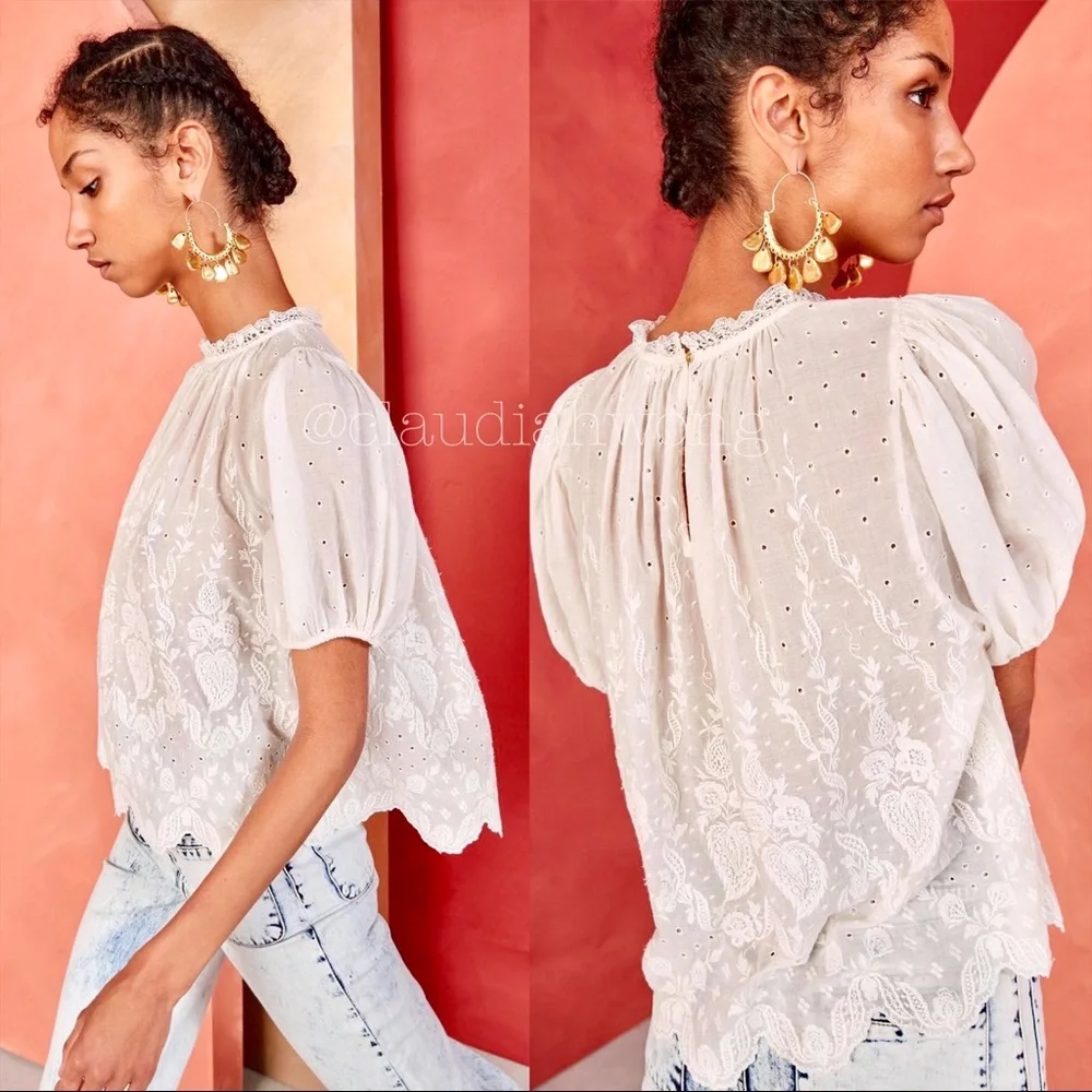 ✨RARE✨ ULLA JOHNSON Emmie Embroidered Lace Puff Sleeve Top in Blanc White